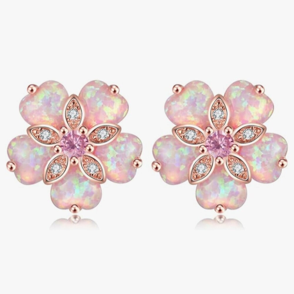 Womens Flower Opal Stud Earrings
